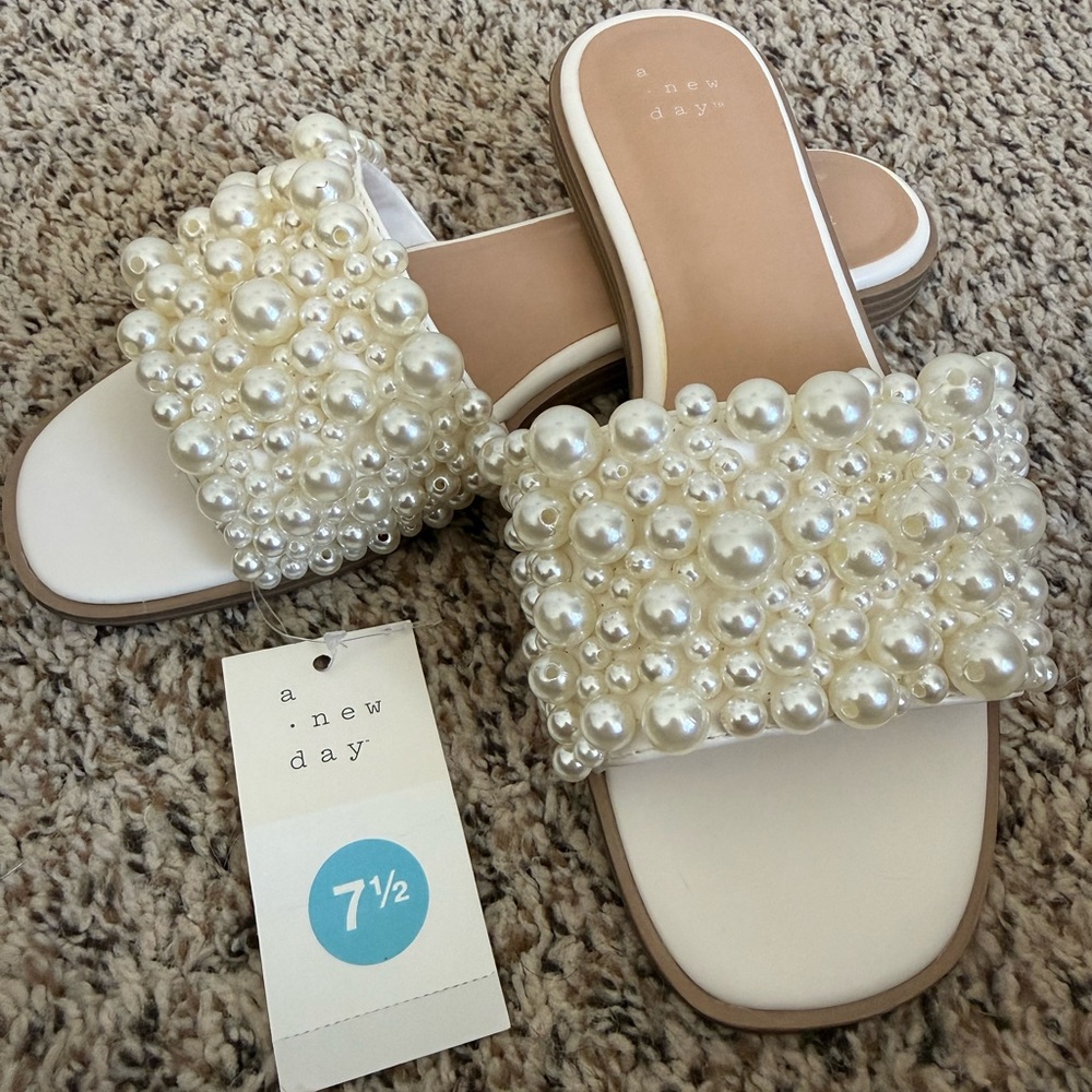 a new day Pearl-Studded Cream Slide Sandals